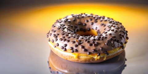 A chocolate glazed donut topped with chocolate sprinkles, on a shiny grey surface with a blurry yellow background