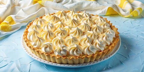 A golden crust pie filled with creamy custard topped with a generous layer of fluffy white meringue swirls.