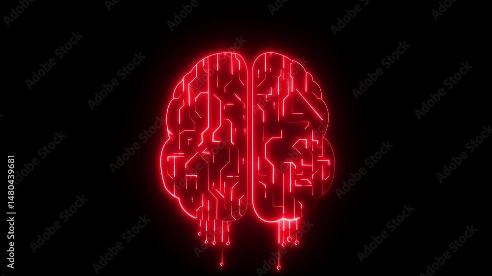 Poster microchip animation within human brain neon circuit red color ,technology video ,black background hu
