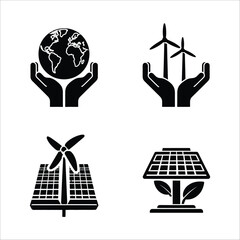 Black and white graphic showing hands holding earth windmills and solar panels for green energy concepts