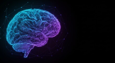 Futuristic digital brain visualization with neon blue and purple network against black background for technology design