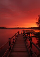 Obraz premium Serene lakeside sunset scene with wooden pier and fisherman's silhouette for tranquility concept