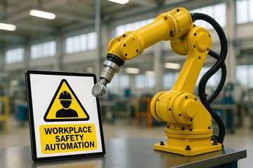A yellow robotic arm sits beside a “Workplace Safety Automation” caution sign in a factory. Concept of industrial safety and automated protection.