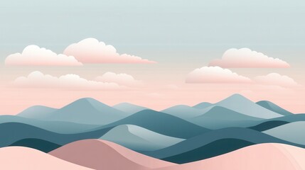 Pastel colored mountain range landscape with soft clouds in the sky. Serene nature scene with rolling hills and a calming color palette, perfect for backgrounds and designs.