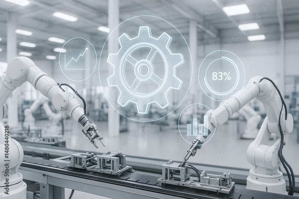 Poster a robotic assembly line features multiple white robotic arms against a blurred factory background. c