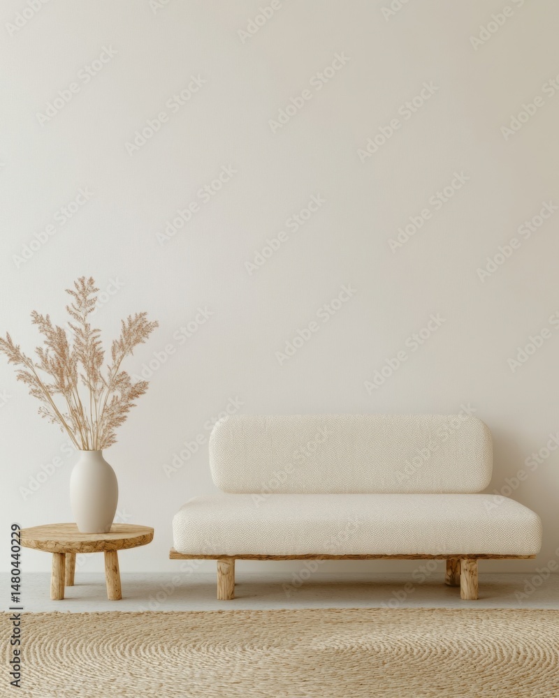 Poster minimalist interior with sofa and vase on table in front of neutral wall low angle shot in studio se