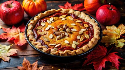 A Rustic Pumpkin Pie with a Golden Crust and Toasted Pumpkin Seeds, Surrounded by Vibrant Autumn Leaves on a Warm Wood Table