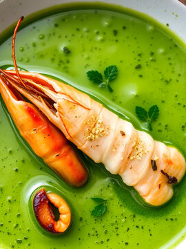 canocchie, o cicale di mare crude in piatto su letto di insalata verde