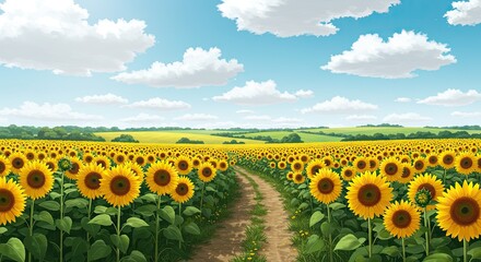 Obraz premium Endless Sunflower Field Under Clear Blue Summer Sky – Scenic Nature Landscape