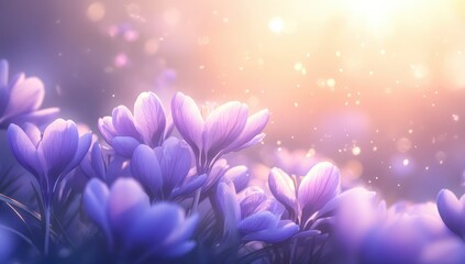 Soft sunlight illuminates a field of delicate purple crocuses