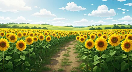 Obraz premium Endless Sunflower Field Under Clear Blue Summer Sky – Scenic Nature Landscape