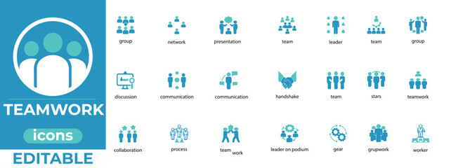 Editable teamwork icons with a clean, modern style ideal for business, collaboration, HR, leadership, and project visuals.

