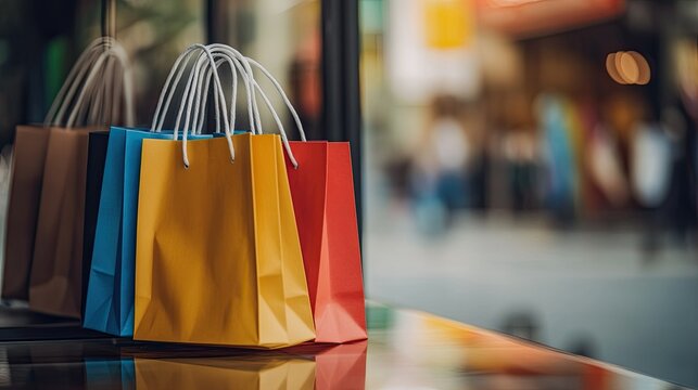 A vibrant display of colorful shopping bags in a retail environment, showcasing the excitement of shopping, with blurred pedestrians and storefronts in the background