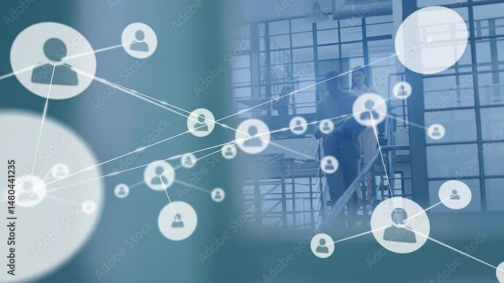 Poster business professional exploring network graph in lobby, with animated icons and glowing lines