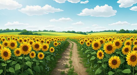 Endless Sunflower Field Under Clear Blue Summer Sky &ndash; Scenic Nature Landscape