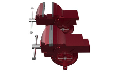 MANUFACTURING TOOLS, Set of Robust Metal Vises with Adjustable Clamps for Industrial MANUFACTURE or DIY Use, Dual Red Workshop Vises with Durable Silver Screw Mechanisms on PNG Transparent BackgrounD