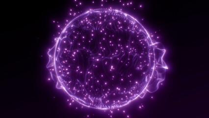 Obraz premium Glowing purple energy sphere with chaotic particles swirling inside. Abstract 3D animation of digital plasma orb, perfect for sci-fi, AI, data visualization, orb energy, and futuristic tech themes.