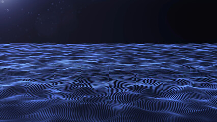 Futuristic digital wave landscape made of glowing blue dots, flowing in a seamless loop. Abstract 3D surface representing data flow, artificial intelligence, technology, and innovation background.