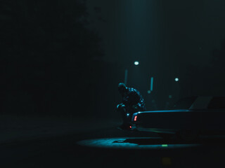 Cinematic stills of a person sitting on the trunk of their car in the middle of the road.