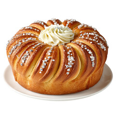 Fototapeta premium Sweet braided bread shines with decorative sugar, topped with creamy frosting.