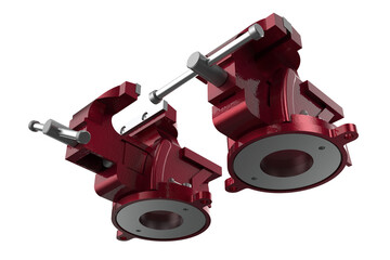 MANUFACTURING TOOLS, Set of Robust Metal Vises with Adjustable Clamps for Industrial MANUFACTURE or DIY Use, Dual Red Workshop Vises with Durable Silver Screw Mechanisms on PNG Transparent BackgrounD