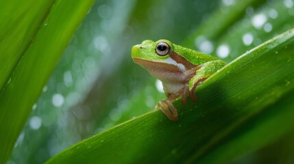 A vibrant tree frog rests on a tropical leaf, embodying nature's delicate beauty.
