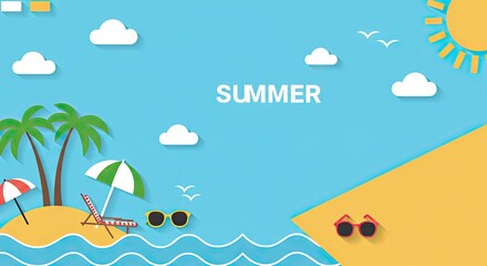 Obraz premium Flat 2D Summer Beach Scene with Palm Trees, Umbrellas, and Waves