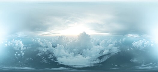 Fototapeta premium Panoramic view of a sky filled with cumulus clouds, sun shining brightly through the clouds