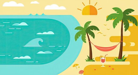 Obraz premium Flat 2D Summer Beach Scene with Palm Trees, Umbrellas, and Waves