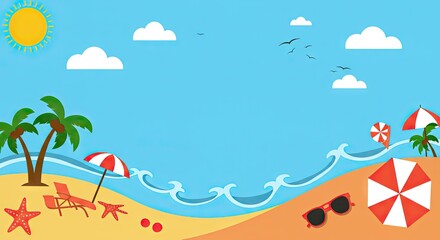 Obraz premium Flat 2D Summer Beach Scene with Palm Trees, Umbrellas, and Waves