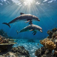 Fototapeta premium Two Dolphins Swimming in Sunlit Ocean Coral Reef