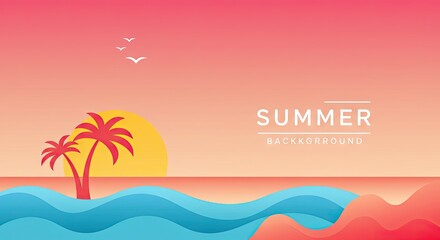 Modern Flat Summer Beach Illustration – Tropical Vacation in Bold Colors