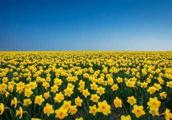 Fototapeta premium Vibrant field of blooming yellow daffodils under clear blue sky