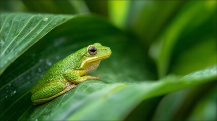 Fototapeta premium A vibrant tree frog rests on a tropical leaf, embodying nature's delicate beauty. 