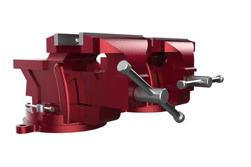 MANUFACTURING TOOLS, Set of Robust Metal Vises with Adjustable Clamps for Industrial MANUFACTURE or DIY Use, Dual Red Workshop Vises with Durable Silver Screw Mechanisms on PNG Transparent BackgrounD