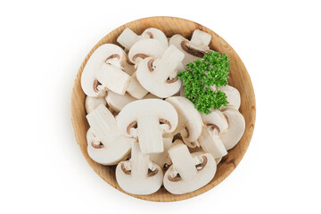 Fresh mushroom champignon slices in a wooden bowl isolated on white background. Top view. Flat lay