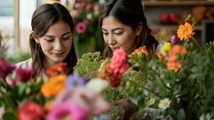 Two cute women florists work in a flower shop, making a bouquet of different flowers to order. Flower shop, bright flowers.