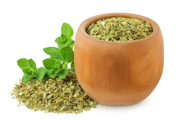 Oregano or marjoram leaves fresh and dry in wooden bowl isolated on white background. Top view. Flat lay.