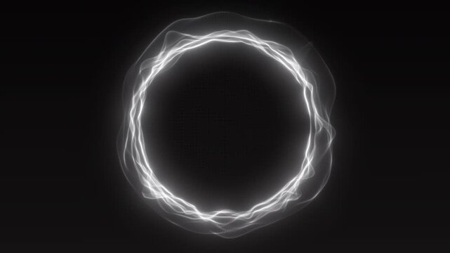 Abstract glowing white energy ring pulsing in dark space. Futuristic circular portal animation with flowing light waves, energy sphere, quantum tech, sci-fi, and high-tech digital environments.
