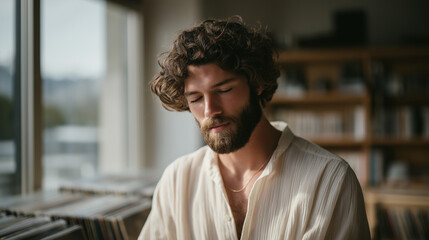 Man enjoying vintage vinyl music in a sunlit apartment