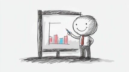 Businessman Drawing Bar Graph on Whiteboard with Smiley Face in Simple Sketch Style for Presentation Topics