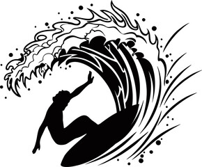 silhouette of surfer pose in wave