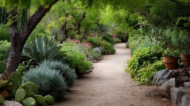 Serene gravel path meanders through a vibrant botanical garden, bordered by diverse flora including cacti, succulents, flowering shrubs, and leafy green plants, creating a tranquil oasis