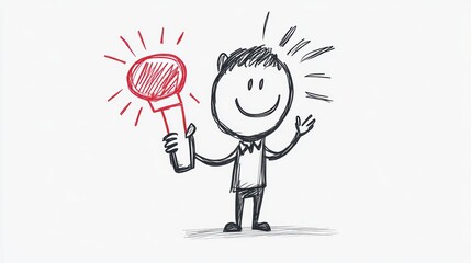 Happy Character Holding Joyful Red Microphone in Creative Sketch Style for Fun and Imaginative Projects