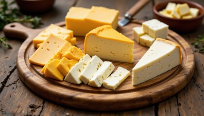 Fototapeta premium imagine you are standing at the edge of a rustic wooden table, your gaze fixated on a mesmerizing array of milk cheeses meticulously arranged on a sleek cheeseboard