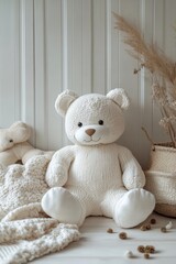 A cozy scene unfolds, featuring a soft, cuddly teddy bear positioned amidst warm textures and soft tones, evoking feelings of comfort and simplicity.