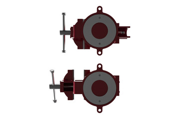 MANUFACTURING TOOLS, Set of Robust Metal Vises with Adjustable Clamps for Industrial MANUFACTURE or DIY Use, Dual Red Workshop Vises with Durable Silver Screw Mechanisms on PNG Transparent BackgrounD