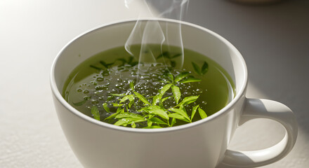 Steaming Cup Of Herbal Tea Garnished With Fresh Plant Leaves