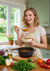 Cheerful woman cooking healthy vegetable soup in a cozy kitchen setting