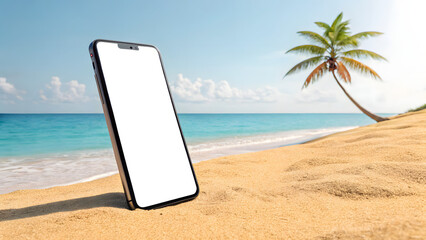 A modern Smartphone with a blank white screen stands upright in the sand of a tropical beach & volcano In the background, gently crash on the shore under a clear blue sky.